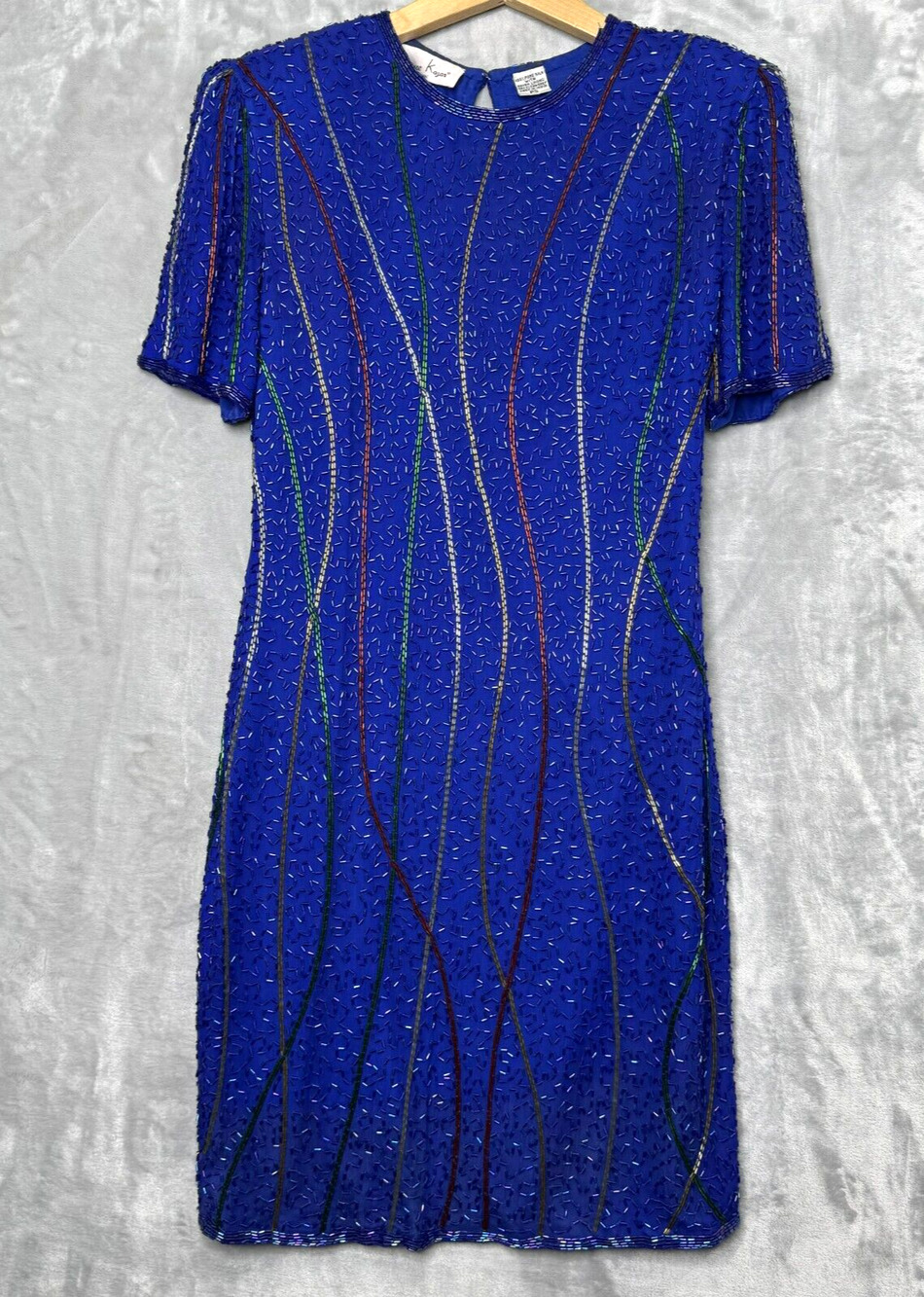 Laurence Kazar Dress Womens PS Blue Rainbow Beaded Silk Rayon Lined Vintage